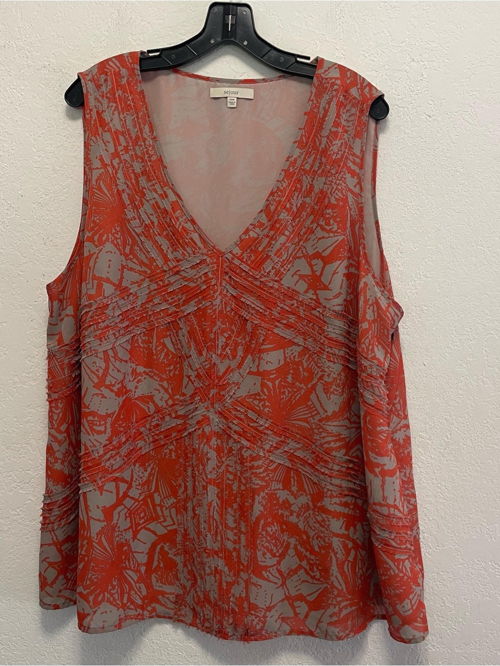 Sejour Sleeveless Top Orange Gray Trim Abstract Print Blouse Tank 20W